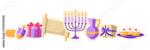 Happy Hanukkah background with stickers. Illustration with holiday objects.