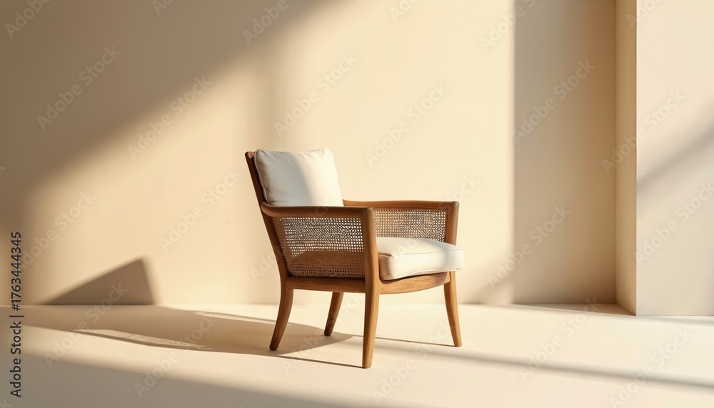 Obraz premium Minimalist armchair with wood legs and woven rattan back. Comfortable cushion rests on a simple chair. Natural light casts shadows on the wall.