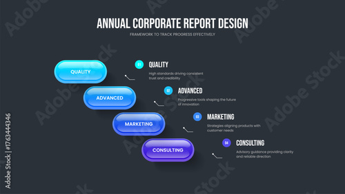 Sales Introduction Four Element Infographic Presentation Template. Business Solution Frame Design Vector Illustration. Modern Briefing 4 Step Diagram Slide Layout.