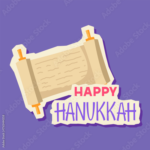 Happy Hanukkah sticker with Torah scroll. Holiday image in cartoon style.