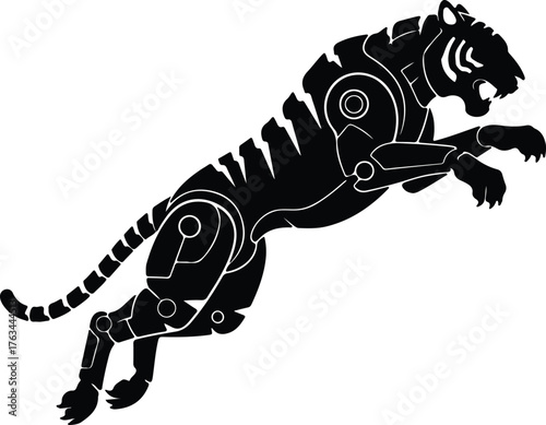 Silhouette robotic tiger in a predatory stance vector illustration