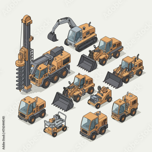 Isometric Construction Vehicles - A Detailed Collection of Heavy Machinery.