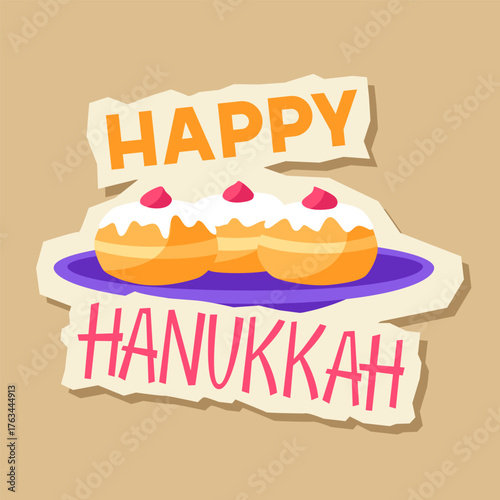 Happy Hanukkah sticker with donut. Holiday image in cartoon style.