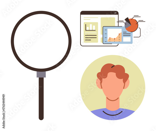 Magnifying glass alongside user profile and analytics visuals including graphs and charts. Ideal for research, analysis, data insight, user targeting, marketing, problem-solving, simple flat metaphor