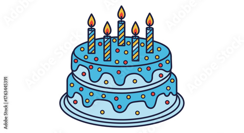 Delicious birthday cake with candles lit for a celebration or special occasion