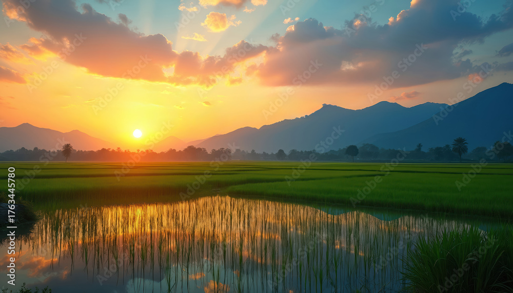 Obraz premium Golden sunset casts warm light over rich green rice paddies and calm water mirroring sky. Silhouetted mountains form distant backdrop to this serene rural landscape, highlighting agricultural beauty.