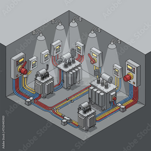 Isometric Electrical Substation with Transformers and Control Panels.