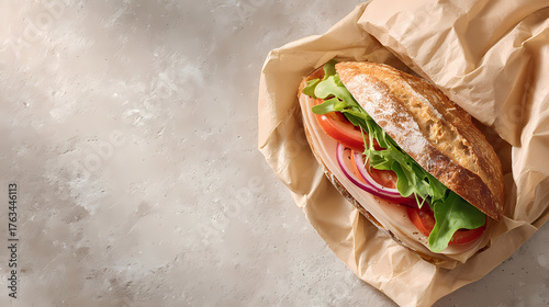 A delicious sandwich wrapped in paper, with fresh ingredients showing