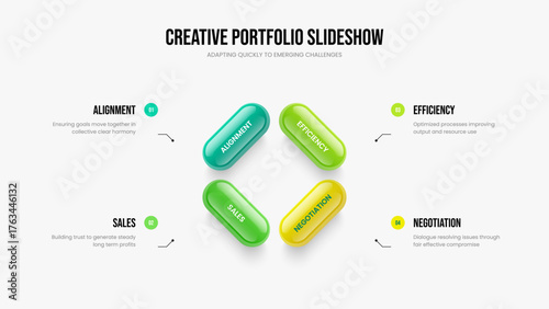 Sales Insight 4 Option Diagram Slideshow Design. Financial Portfolio Frame Layout Vector Illustration. Corporate Launch Four Element Infographic Slide Template.