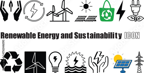 Renewable Energy and Sustainability Icons – Solar, Wind, Eco vector 