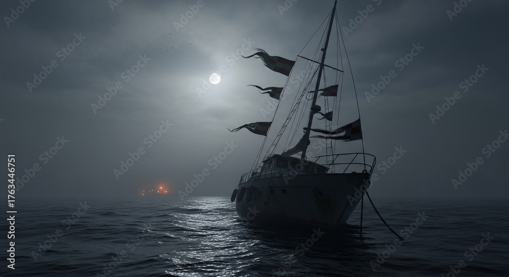 Obraz premium Sailboat adrift on a moonlit sea lost in fog