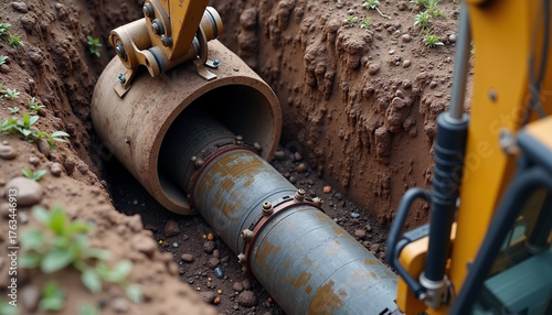 Wallpaper Mural Trench excavation with water pipeline placed underground, construction equipment visible. Trench excavation showing pipeline infrastructure being put in place. Torontodigital.ca