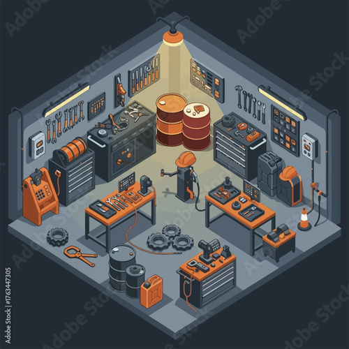 Isometric garage interior with tools and equipment for car repair.