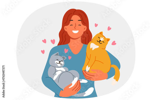 Woman with two cats in arms loves own pets found in shelter with homeless animals. Girl holding affectionate cats, enjoying opportunity to raise kittens and inviting you to visit veterinary store