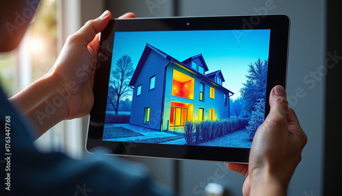 Thermal imaging reveals heat loss in modern house, professional energy audit displayed on tablet. Thermal imaging shows potential issues, including missing insulation, poor seals, and thermal bridges.