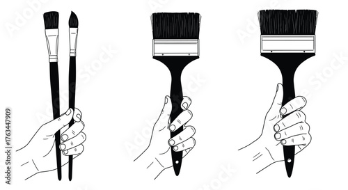 Hands holding different sized paintbrushes a creative art supply illustration
