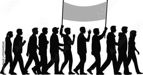 Silhouette protest march, people walking, unity banner, social movement, black vector art, cad drawing flat vector illustration, minimal design