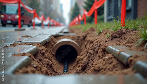 Wallpaper Mural Pipeline construction showcases pipeline construction, revealing brown pipes buried in ditch. Pipeline construction protects city from leaks and damage. Torontodigital.ca