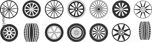 Wheel rim designs, tire tread patterns, automotive vector set, car parts illustration, vehicle wheels, engineering graphics, transportation, mechanical, stock art