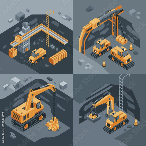 Isometric Mining and Construction Machinery Vector Illustrations Set.
