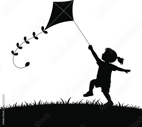 Child happily flying a colorful kite in a silhouette against a bright sky