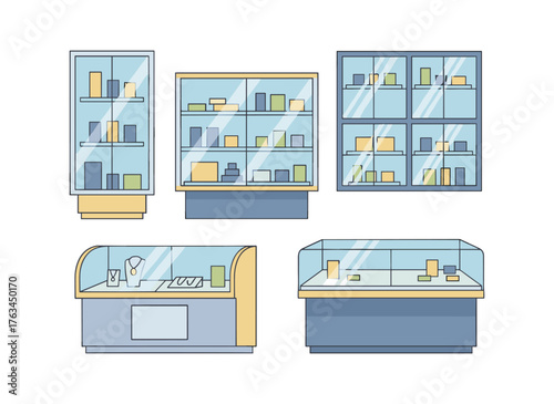 Store display showcases holding various product items