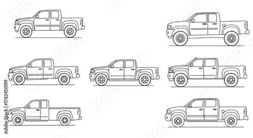 Line drawing of six pickup trucks in varying styles and sizes