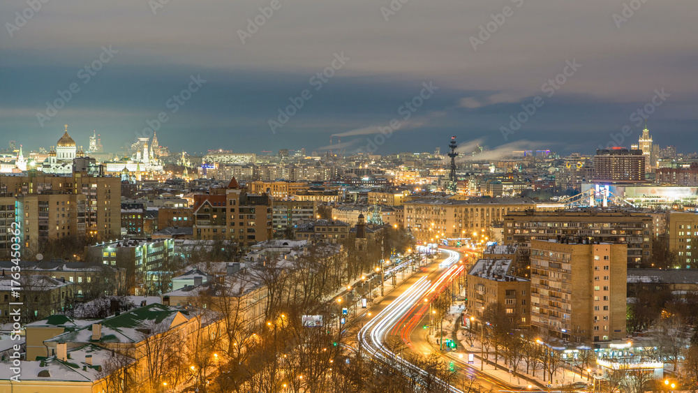 Obraz premium Moscow city Russia skyline aerial panoramic top view day to night timelapse urban winter snow scenery architecture background