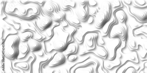 Abstract topographic map contour lines creating a layered white and grey 3D relief pattern with soft shadows and organic shapes for modern backgrounds