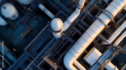 Aerial view captures the intricate maze of pipes and tanks at a chemical processing plant, a symphony of engineering and industry, conveying efficiency.