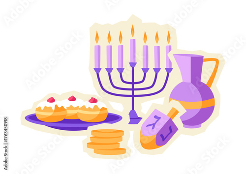Happy Hanukkah sticker with traditional symbols. Holiday image in cartoon style.