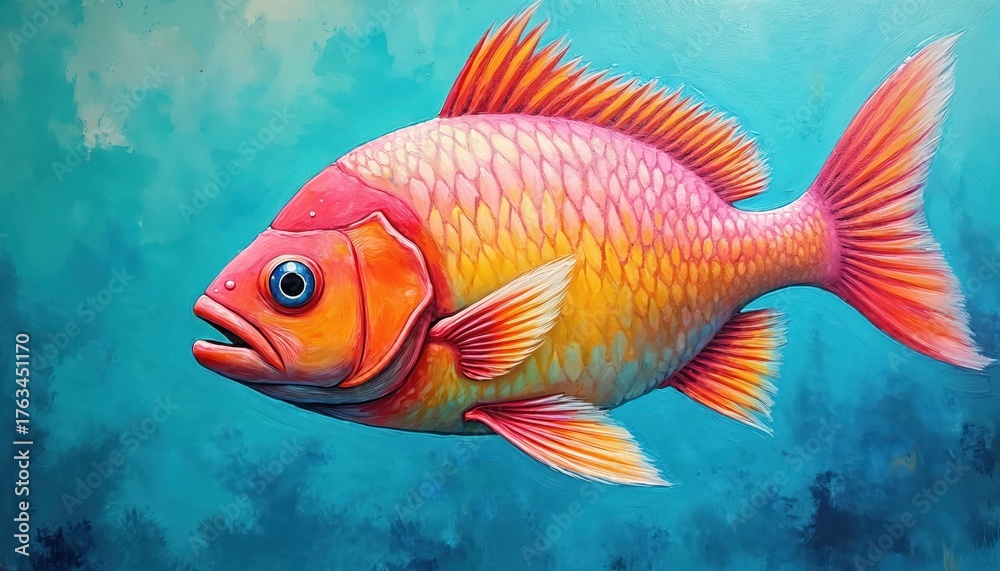 Fototapeta premium Close-up of vibrantly colored fish swimming in clear turquoise water with soft blue background. Aquatic creature displays stunning blend of orange pink, yellow scales. Artwork emphasizes eye, fins