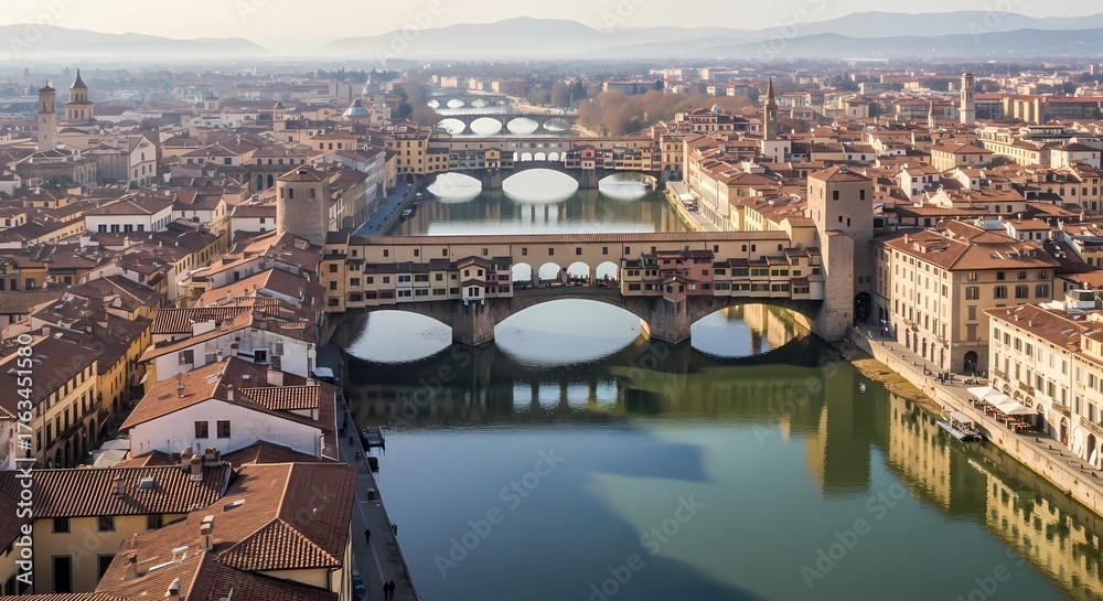 Obraz premium Florence Italy Aerial Panorama Ponte Vecchio Bridge Arno River Historic City