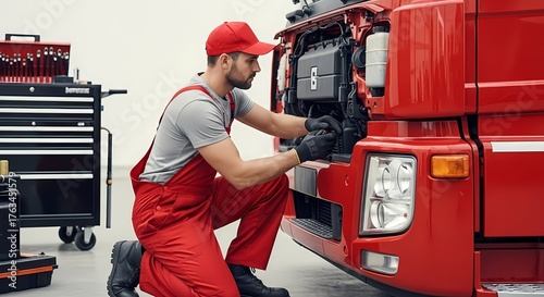 Mechanic in Red Uniform Repairing Large Red Truck in Professional Auto Repair Shop