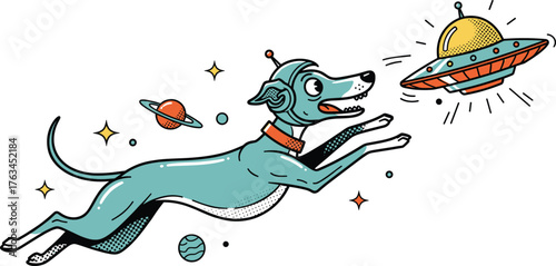 Space dog illustration, cartoon pet astronaut with helmet, flying saucer UFO, cosmic adventure artwork, funny animal design, vector galaxy background