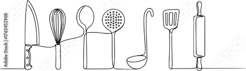Continuous one line kitchen tools. Cooking utensil horizontal divider for food recipes for restaurant menu design. Linear vector illustration