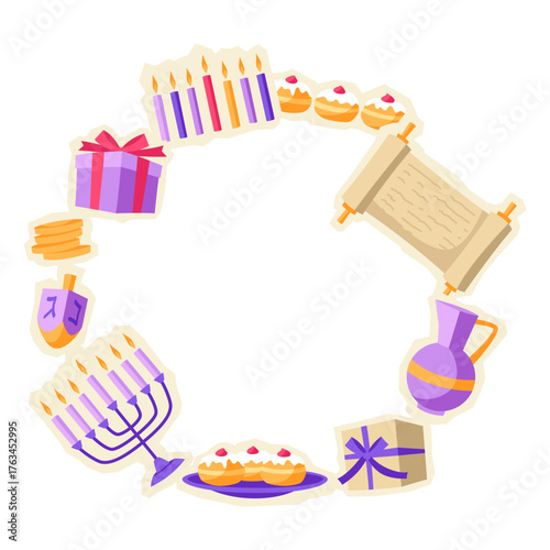 Happy Hanukkah frame with stickers. Illustration with holiday objects.