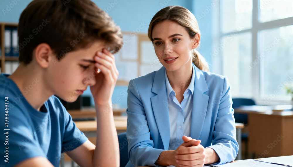 Obraz premium empathetic school counselor supporting stressed teenage boy in classroom setting