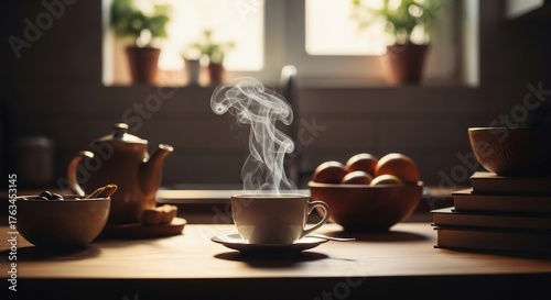 Wallpaper Mural Steaming cup of coffee with teapot and fruit still life Torontodigital.ca