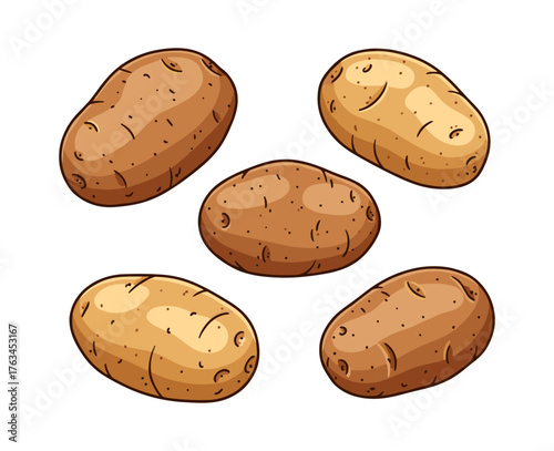 Five fresh brown potatoes cooking ingredient cartoon illustration