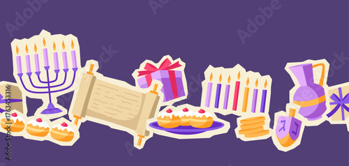 Happy Hanukkah pattern with stickers. Background with holiday objects.