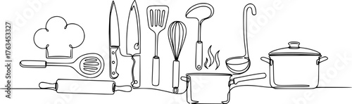 Continuous one line kitchen tools. Cooking utensil horizontal divider for food recipes for restaurant menu design. Linear vector illustration