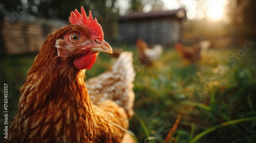 A close-up of a brown hen with a red comb in a grassy field. In the background, other chickens are visible near a wooden coop during sunset.