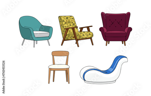 Furniture line art including chairs and armchairs