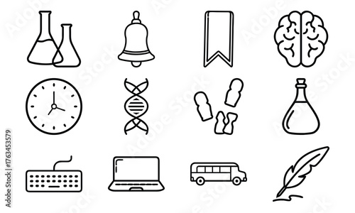 Education and science line icon set with laboratory flask, DNA, brain, school bell, clock, computer, school bus, and writing feather isolated on white background