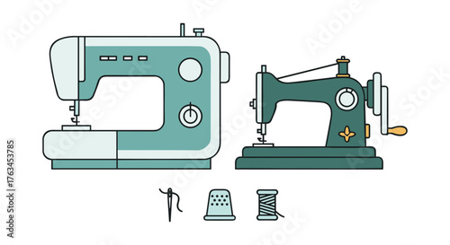 Illustrating sewing machines, vintage and modern, with crafting tools