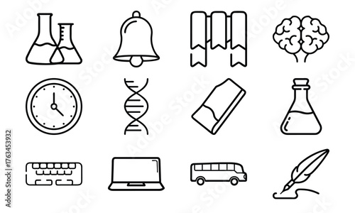 Education and science line icon set with laboratory flask, DNA, brain, school bell, clock, computer, school bus, and writing feather isolated on white background