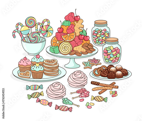 Assortment of colorful sweets and sugary desserts with candies