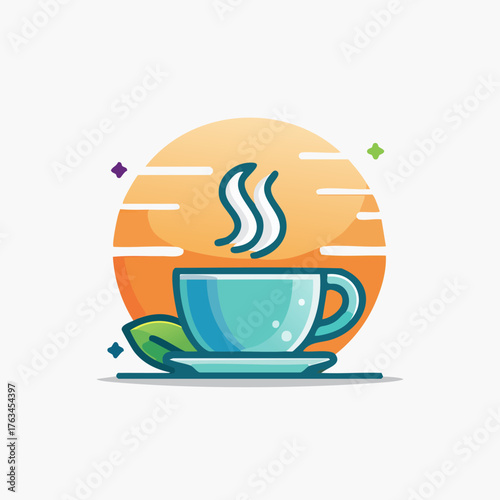 Aromatic Tea Cup with Steam and Leaf on Saucer.