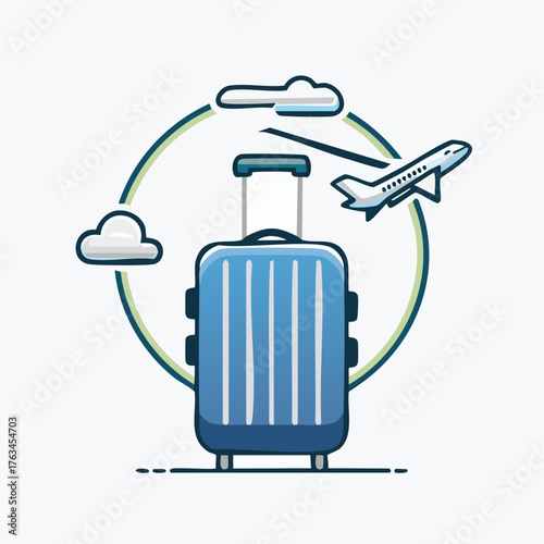 Blue suitcase with airplane and clouds symbolizing travel.
